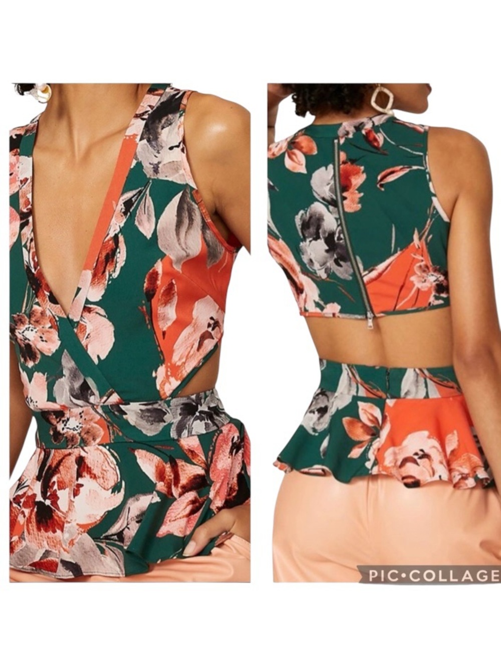 MARISSA WEBB COLLECTIVE Women’s Green Orange Cutout Floral Peplum Top Size 8